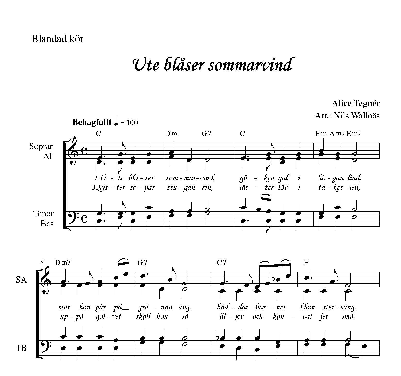 Ute Blåser Sommarvind (Tegnér) – SATB – Ynde Music Förlag